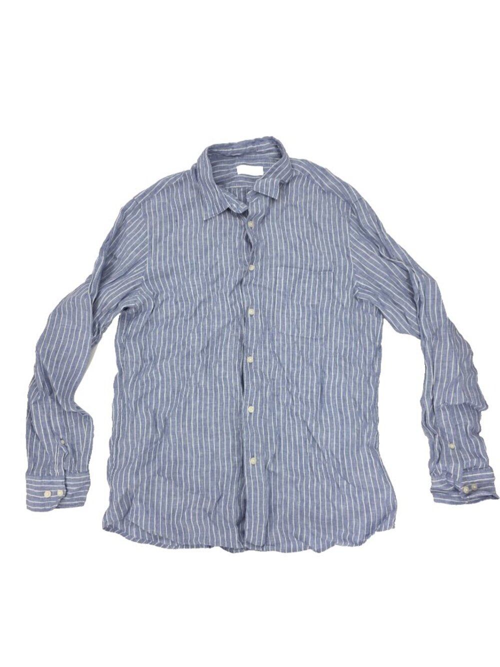 Uniqlo Button Shirt Mens Medium Blue White Long Sleeve 100% Linen Striped Casual